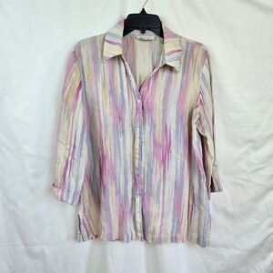 JM Collection Women's Pink Watercolor Striped 3/4 Sleeve Linen Button Up Shirt 8